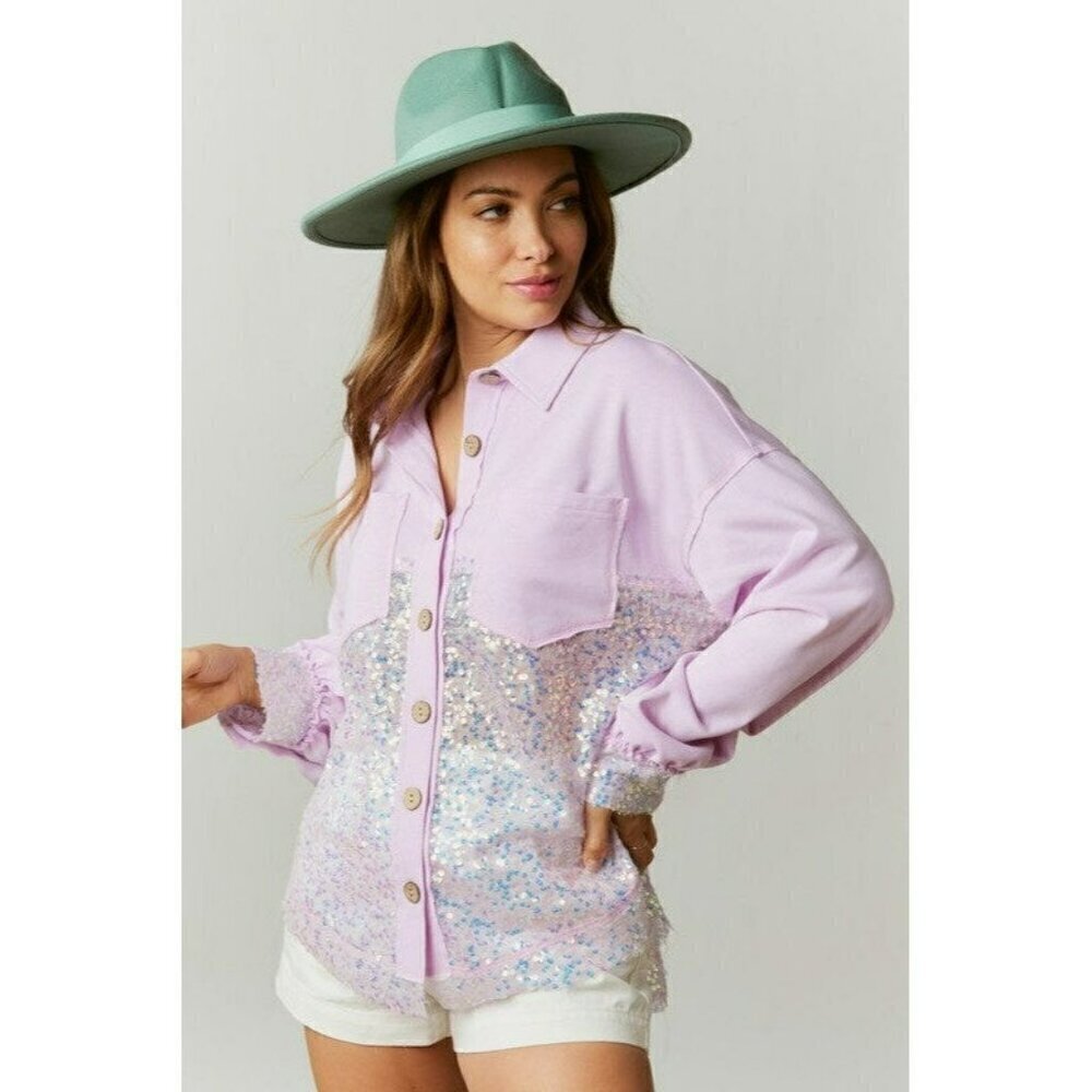 All Things Bling Sequin Contrast Color Block Shacket in Lavender - Picture 5 of 8